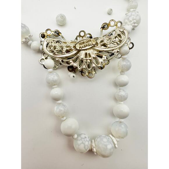 Miriam Haskell White Pearl Glass Beaded Necklace Clip Earring Set Needs Repair - Picture 3 of 8